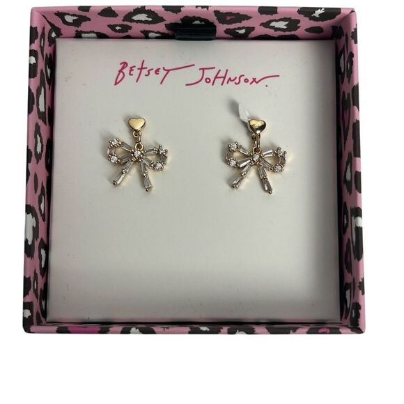 Betsey Johnson Gold-Tone Bow Dangle Earrings with Clear Stones - Picture 1 of 8